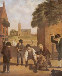 Niños jugando fuera de una iglesia